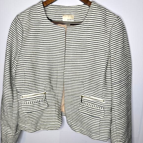 KENAR White Black Stripe Open Front Professional Blazer Jacket Women's Large - Picture 2 of 6